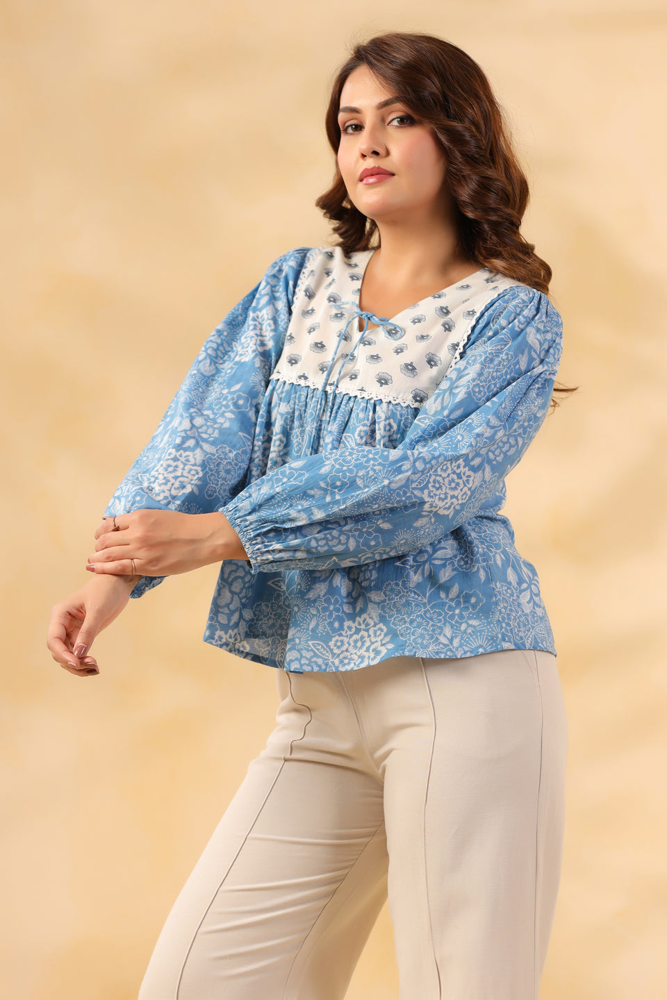 Powder Blue Floral Cotton Top