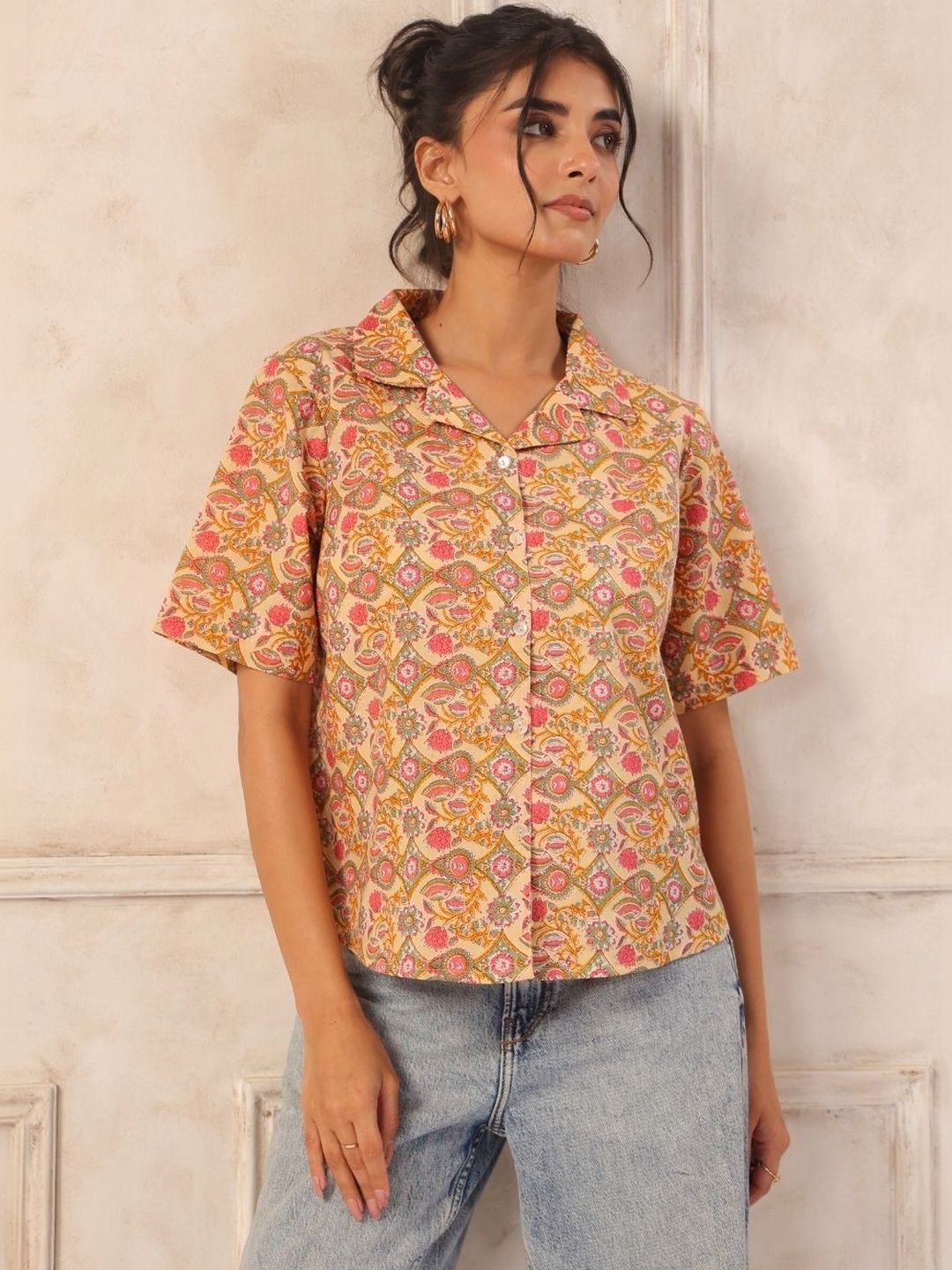 Yellow Floral Block Print Cotton Collared Shirt