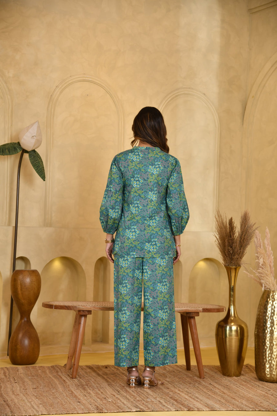 Teal Floral Print Kurta Set for Women