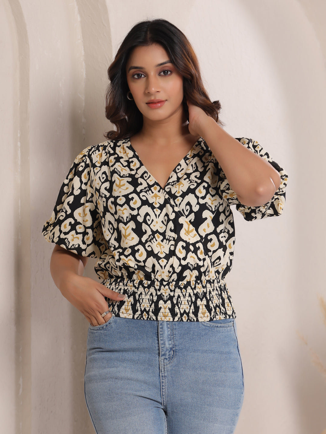 Black & White Ikat Print Smocked Wrap Top