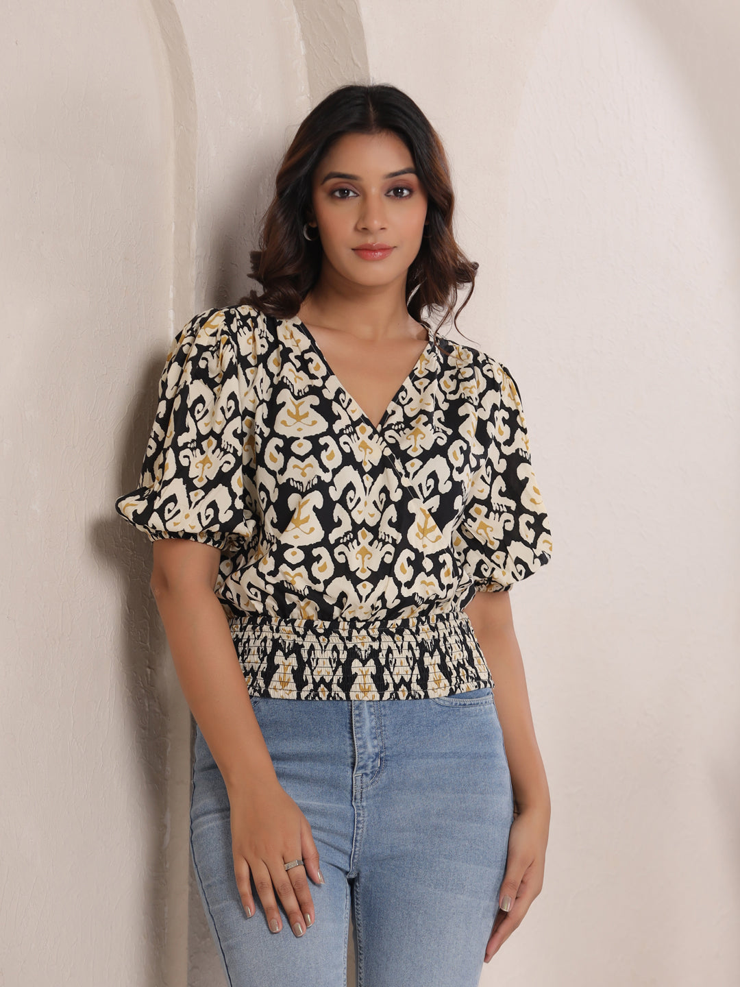 Black & White Ikat Print Smocked Wrap Top
