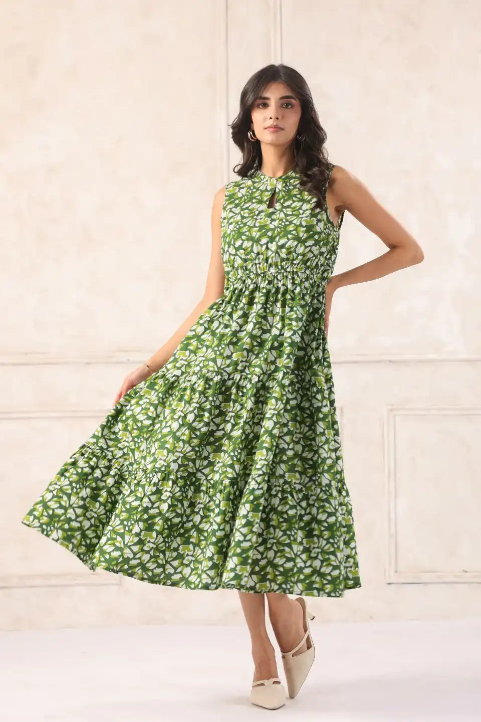 Womanwearinggreenbatikmididresscasualflowysummerlook - VyomTara