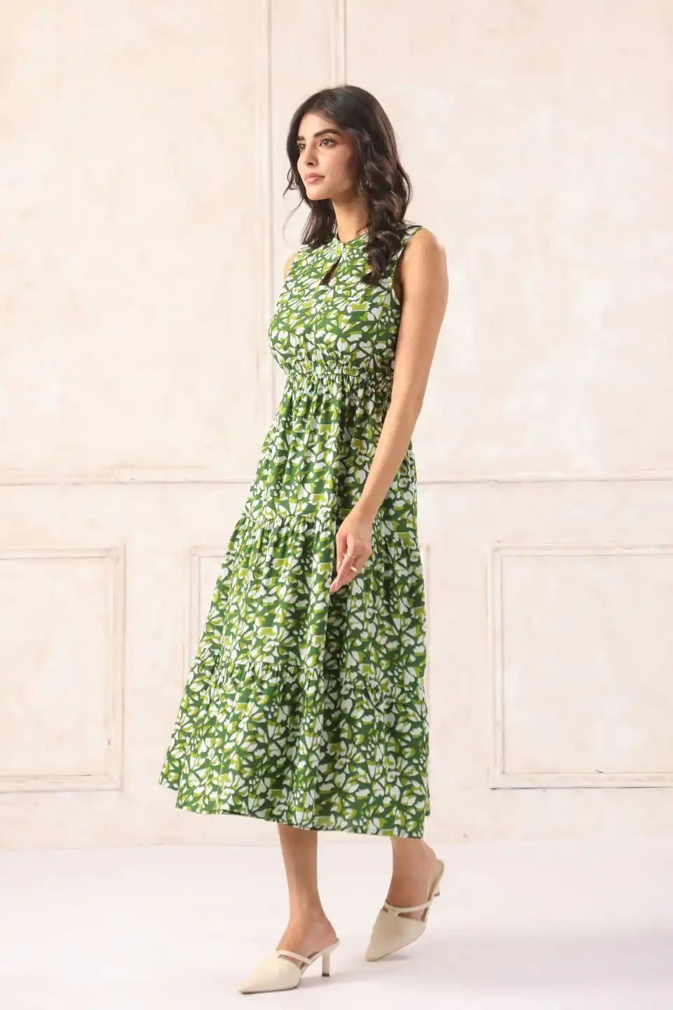 Womanwearinggreenbatikmididresscasualsummerlook - VyomTara