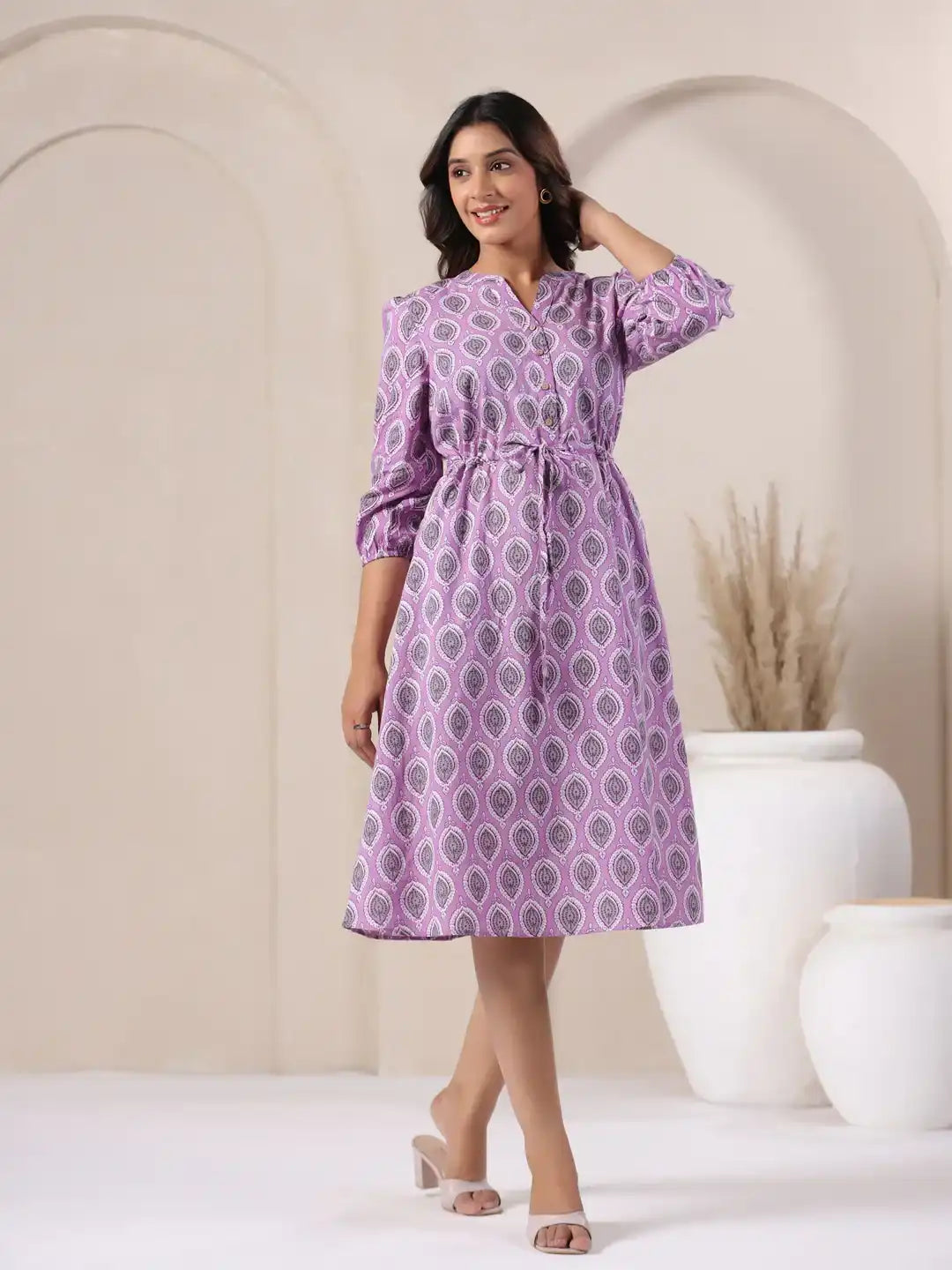 Purple printed cotton kurta dress with tie waist, elegant for daily wear or office