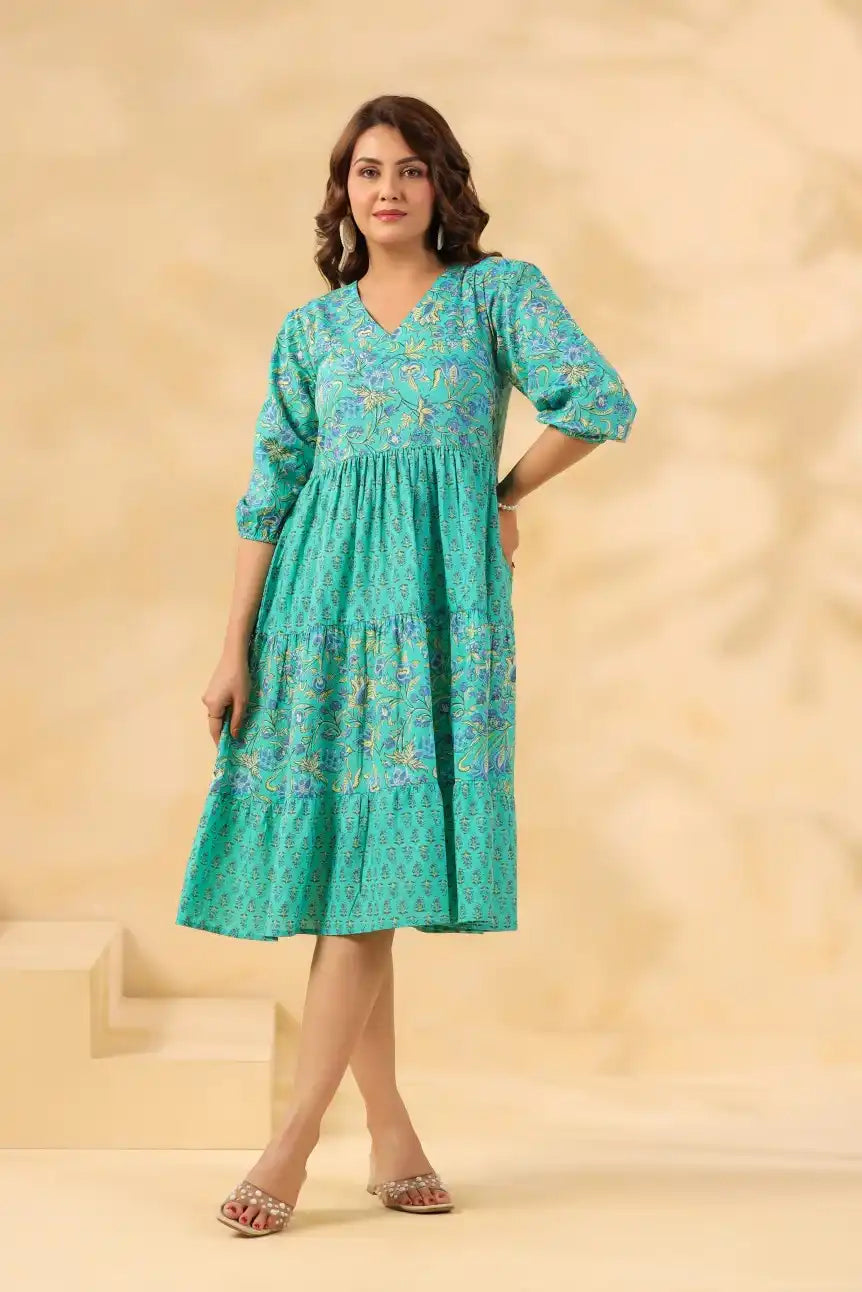 Teal floral print cotton kurta dress for women, elegant daily wear with tiered skirt and V-neck