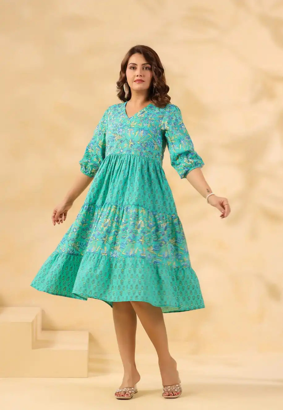 Teal floral print cotton kurta dress for women, tiered skirt, V-neck, 3/4 sleeves, elegant daily wear