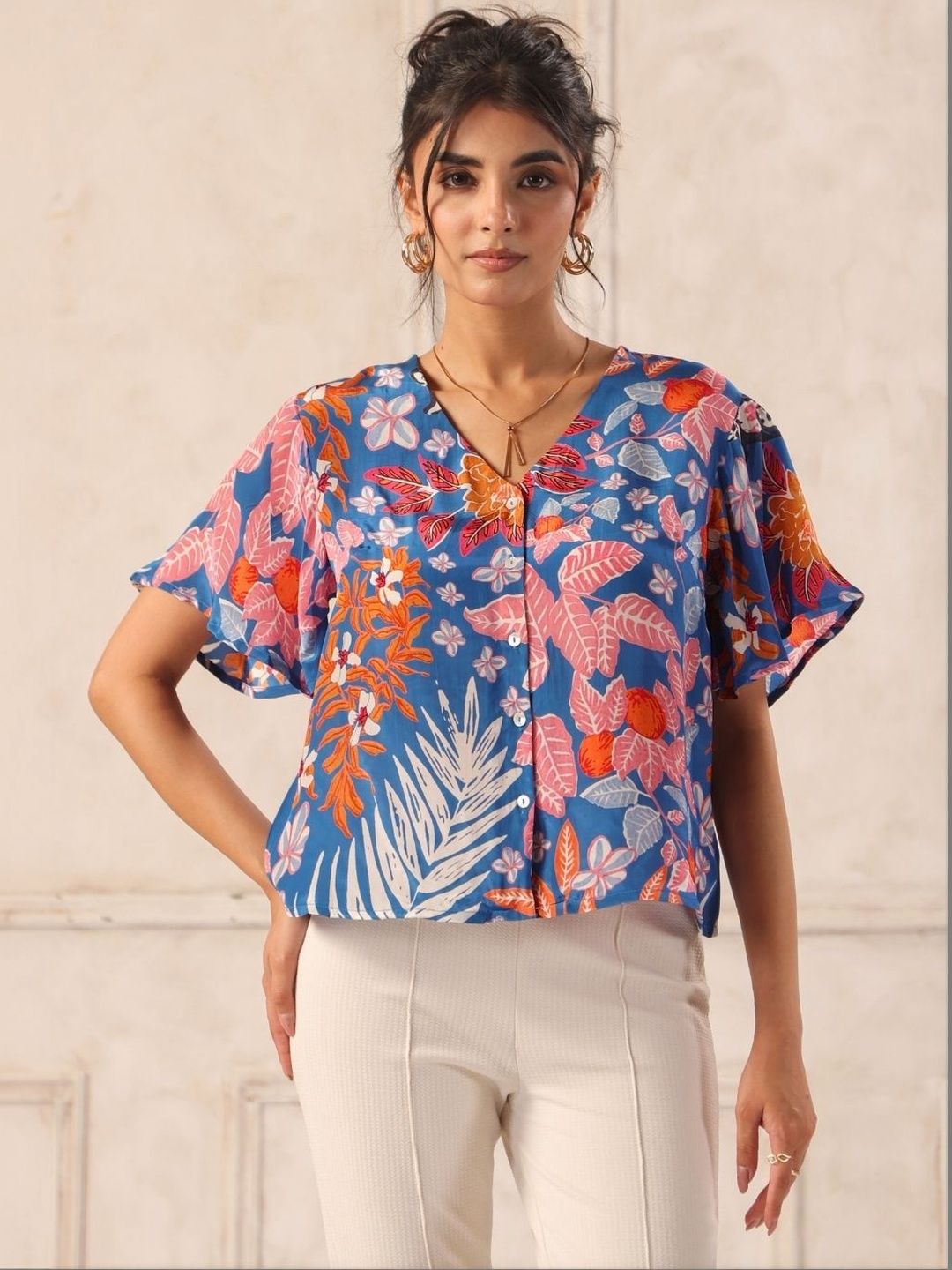 Blue Tropical Print Flutter Sleeve Boxy Shirt Top