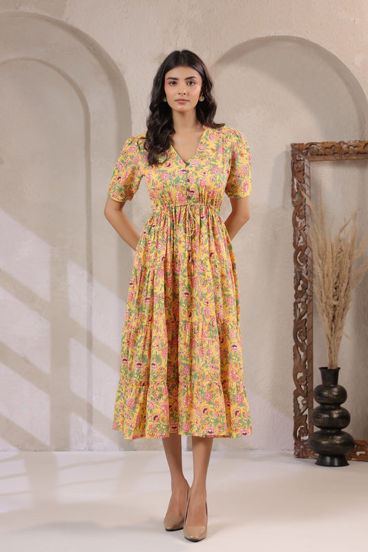 Yellow Floral Cotton Midi Dress with Tie-Up Waist – Fit & Flare