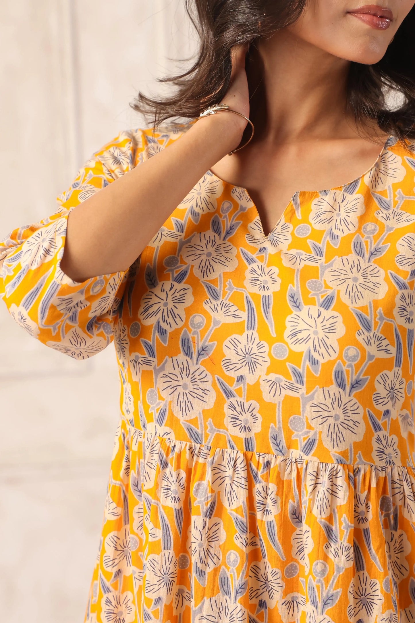 YellowFloralMidiDressforWomen-Sleeves - VyomTara