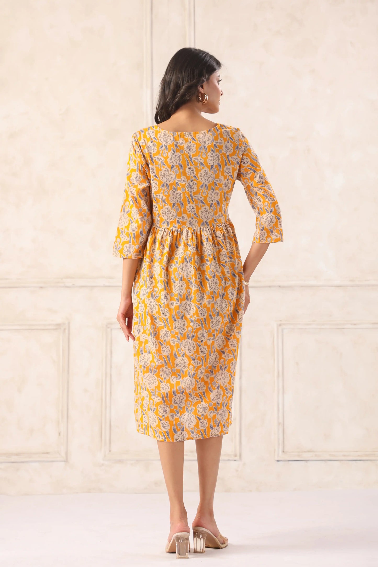YellowFloralMidiDressforWomen-backsideview - VyomTara