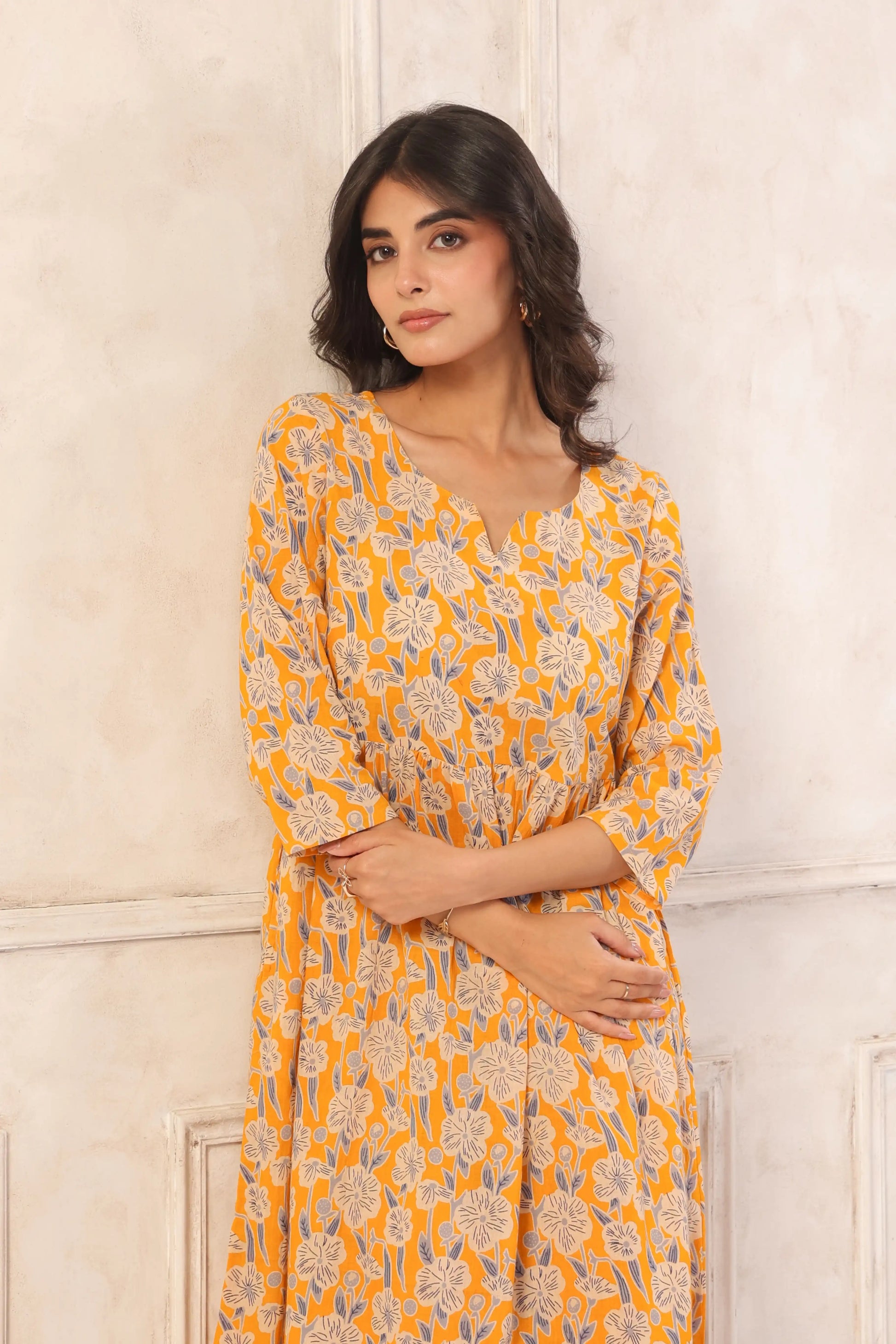 YellowFloralMidiDressforWomen-fullcloseup - VyomTara