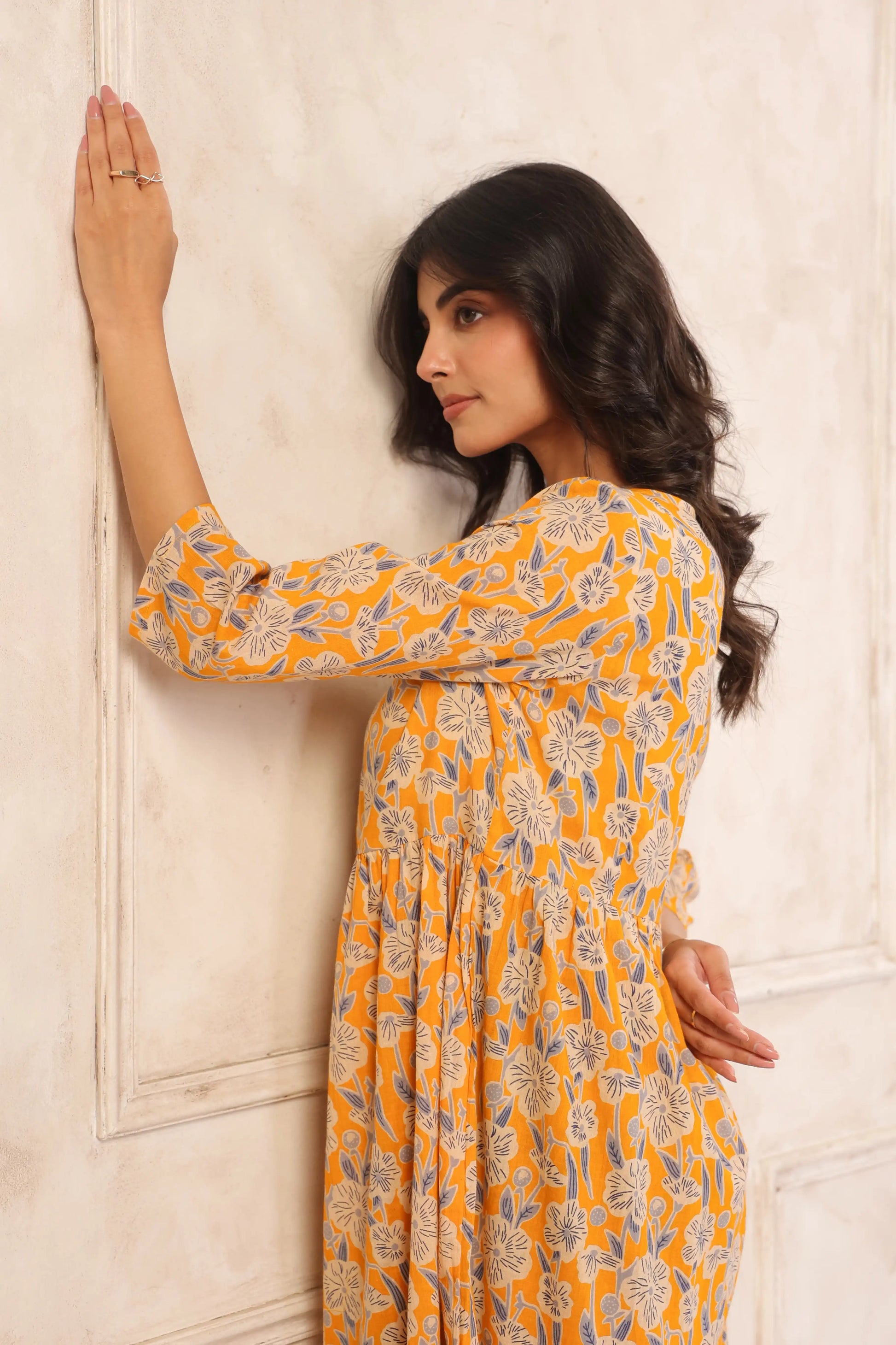 YellowFloralMidiDressforWomen-modellook - VyomTara