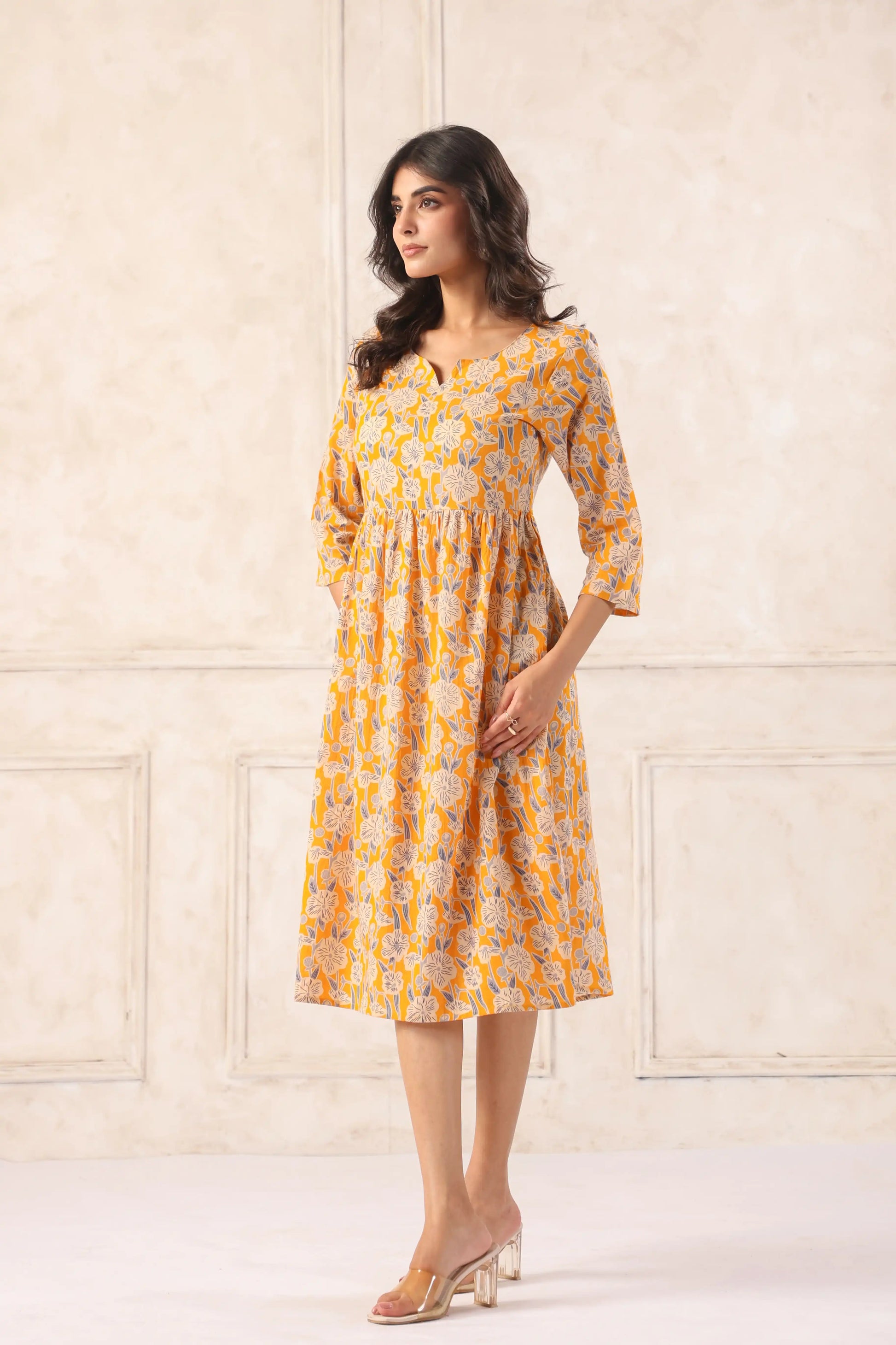 YellowFloralMidiDressforWomen-side - VyomTara