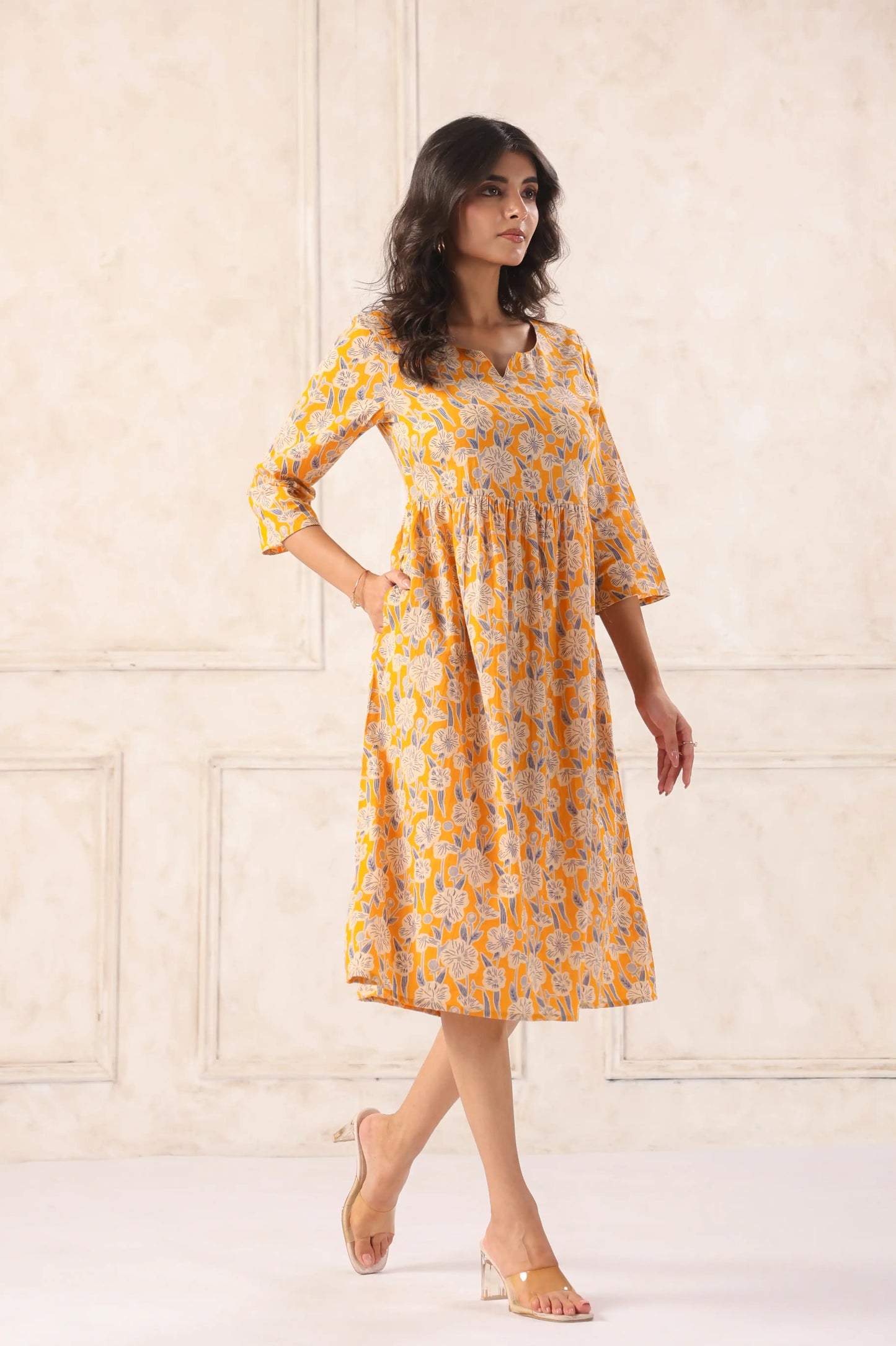 YellowFloralMidiDressforWomen-sideview - VyomTara