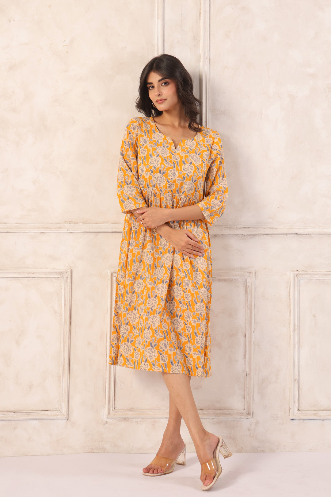 YellowFloralMidiDressforWomen-styling - VyomTara