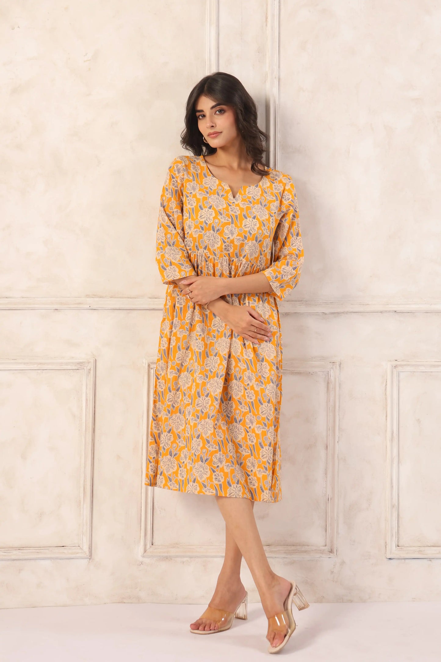 YellowFloralMidiDressforWomen-styling - VyomTara