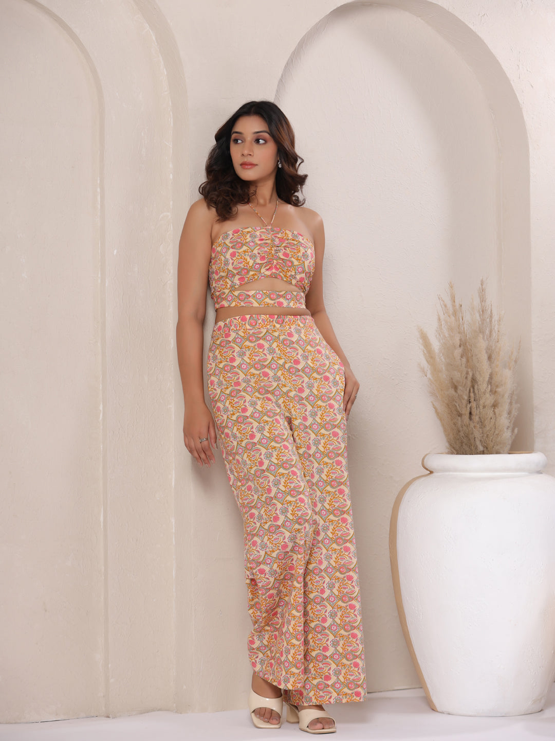 yellow jaal print co ord set elegant pose sleeveless cotton coord set for women