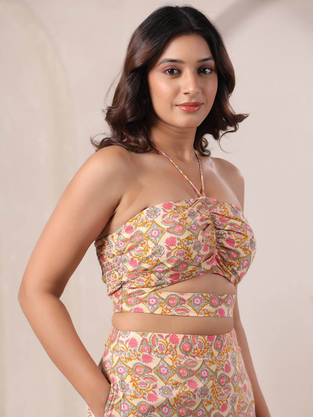 yellow printed co ord set bust detail cotton sleeveless coord set women India