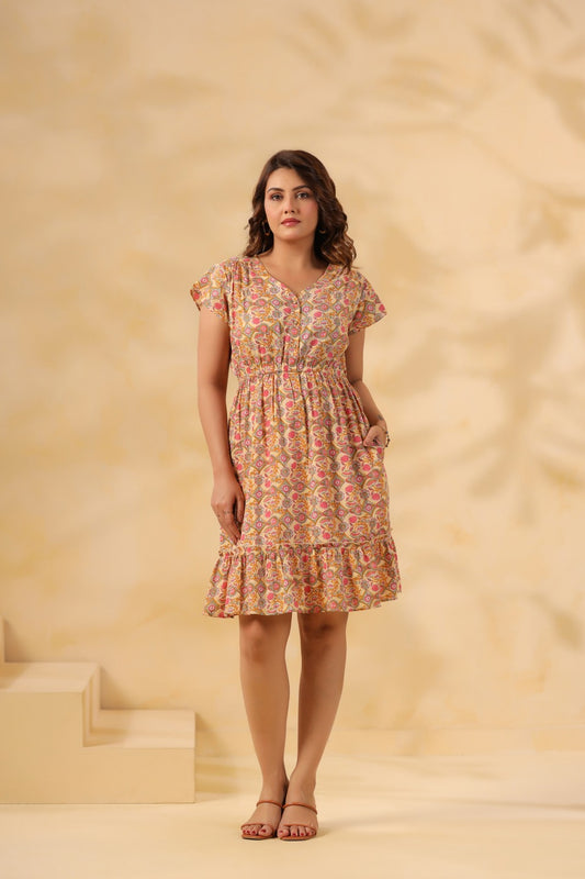Yellow Floral Cotton Midi Dress for Women – Summer Fit & Flare