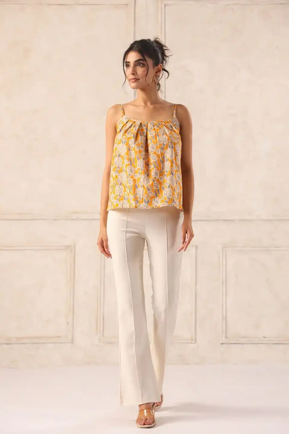Yellowfloralstrappytopfrontviewcottonsummertop_35a8e840-6d23-416c-ac79-10d5702cc7f0 - VyomTara