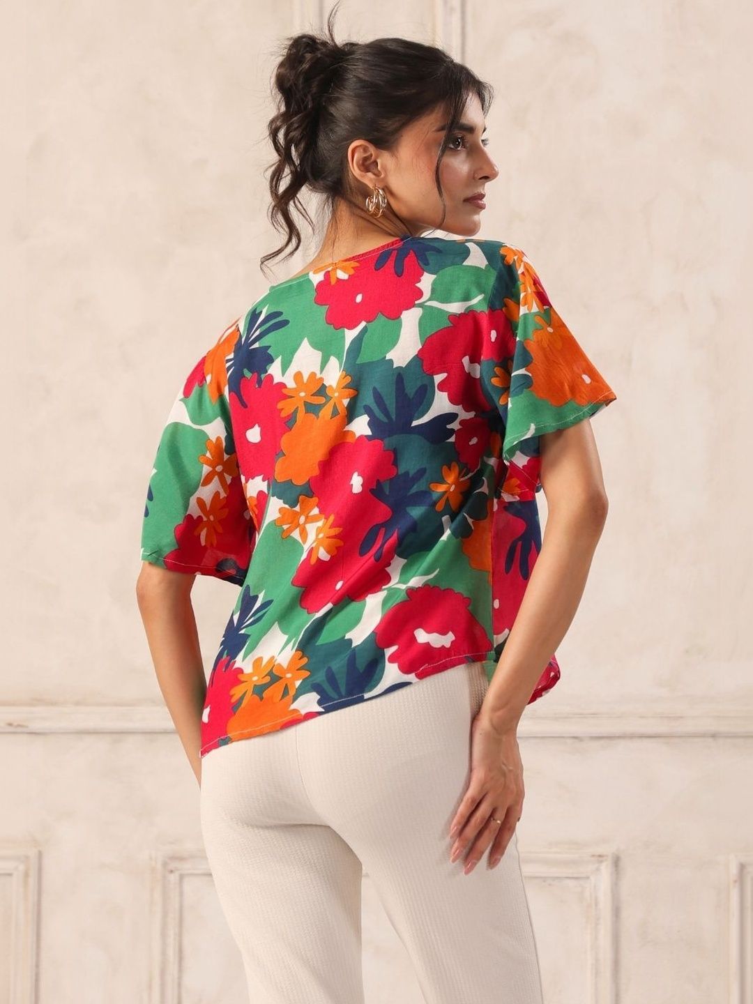 Royal Blue Tropical Print Flutter Sleeve Shirt