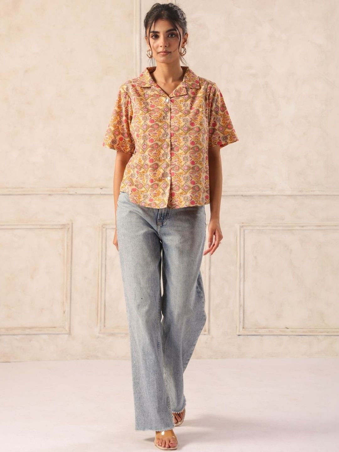 Yellow Floral Block Print Cotton Collared Shirt