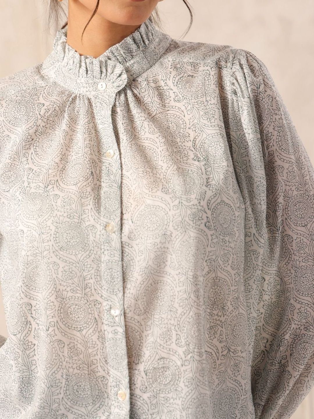 White & Grey Hand Block Print Cotton Ruffle Neck Shirt