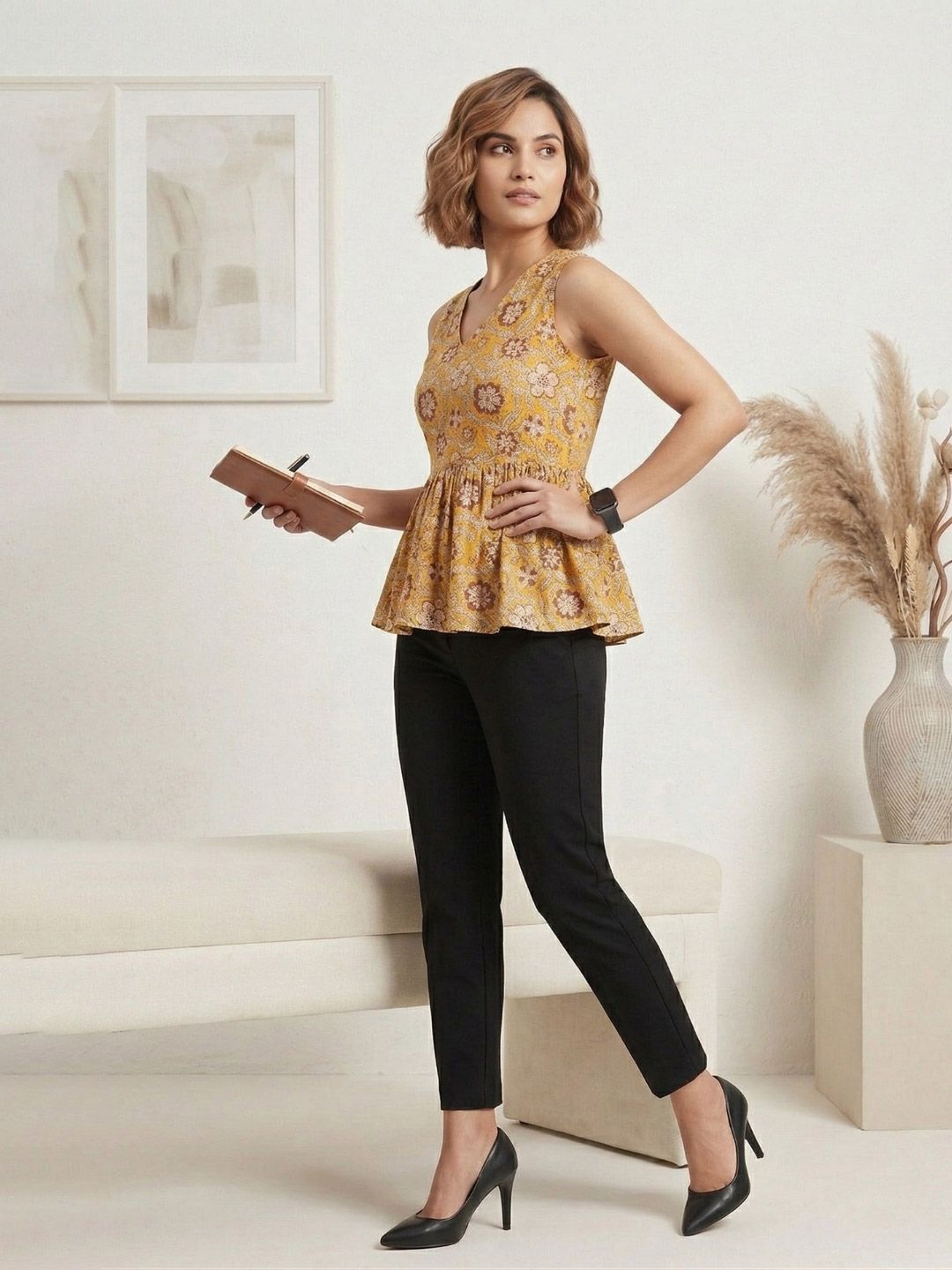 Mustard Floral Block Print Cotton Peplum Top