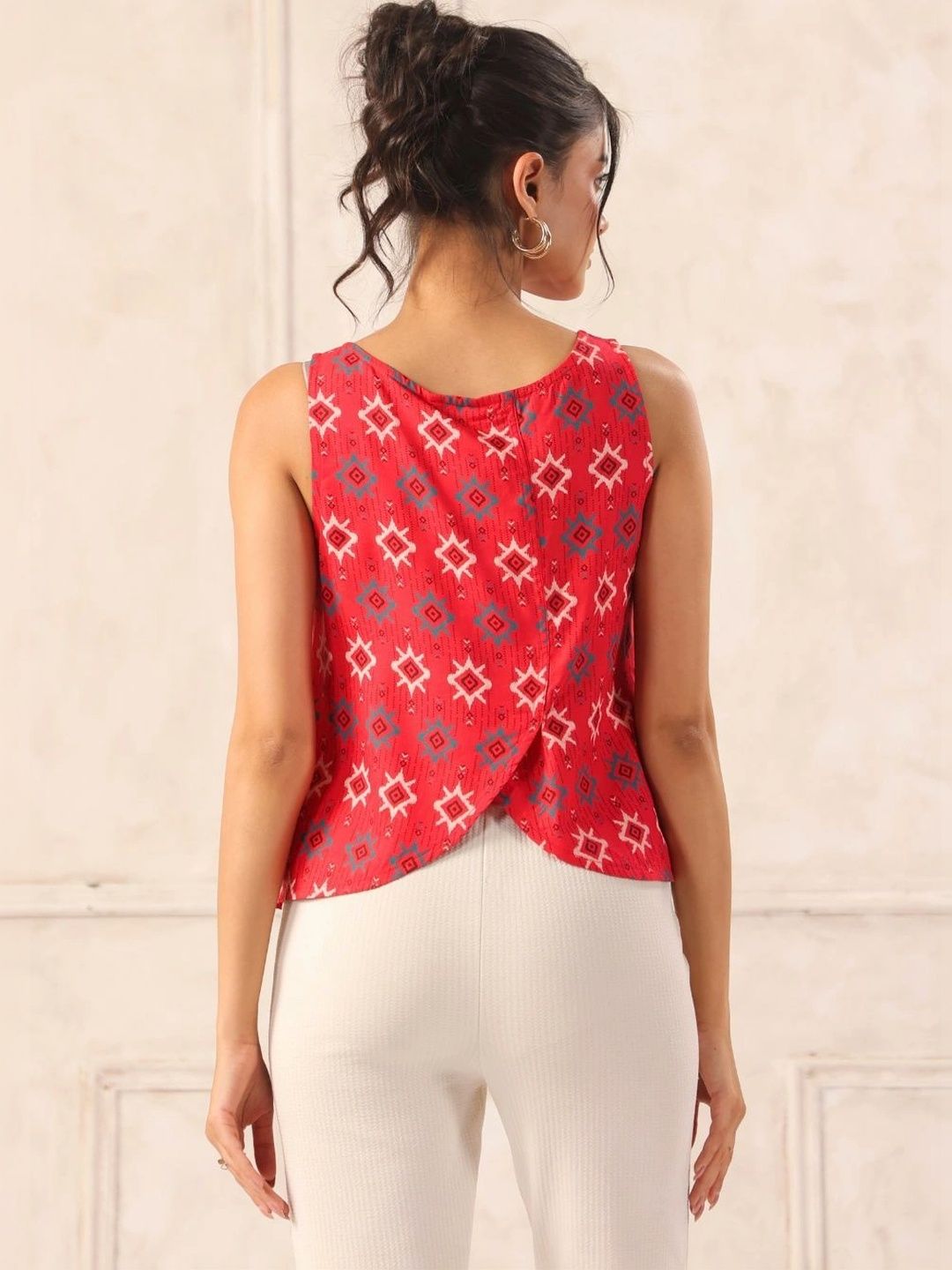Red Ikat Print Sleeveless Top with Overlap Back