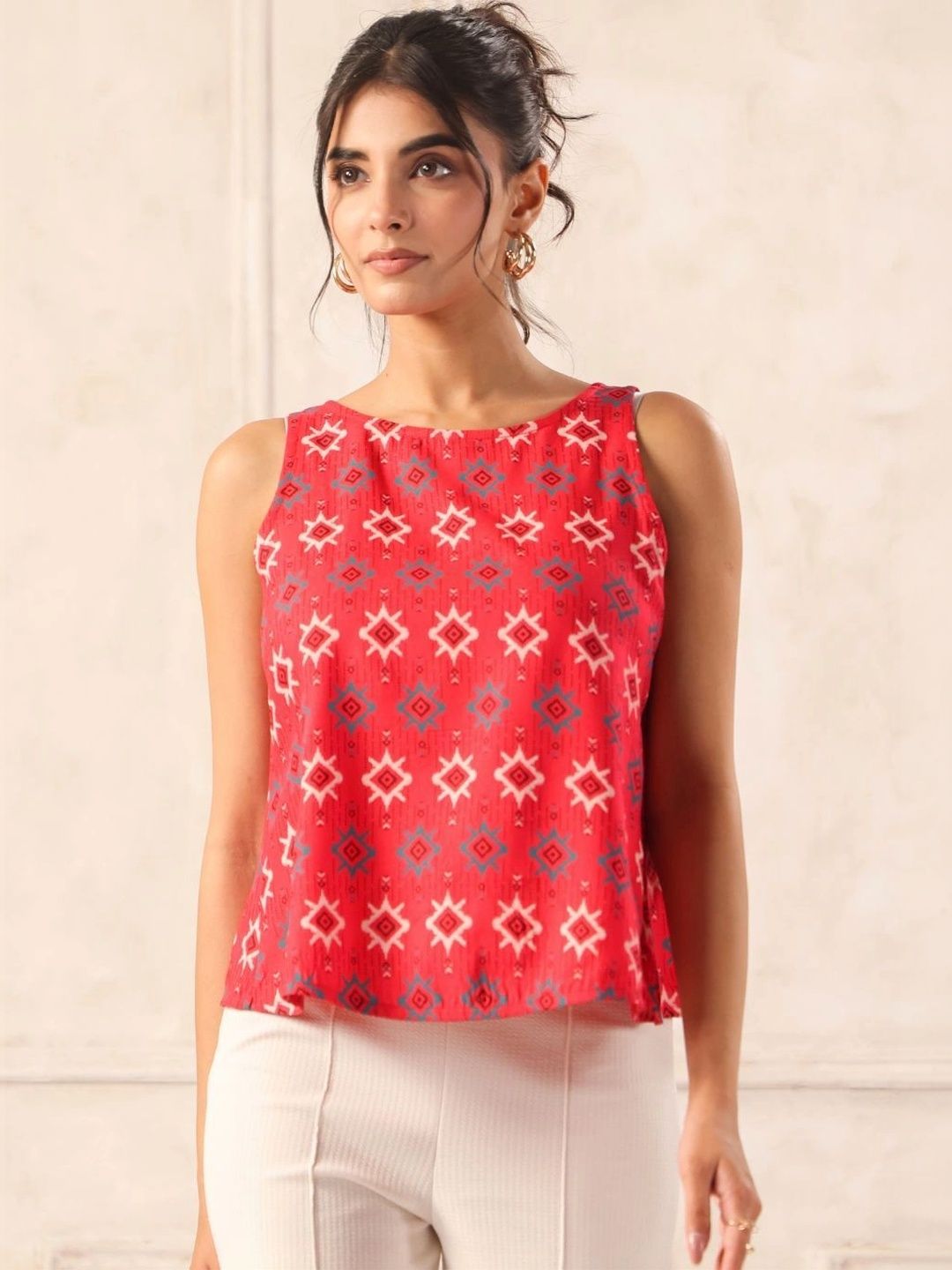 Red Ikat Print Sleeveless Top with Overlap Back
