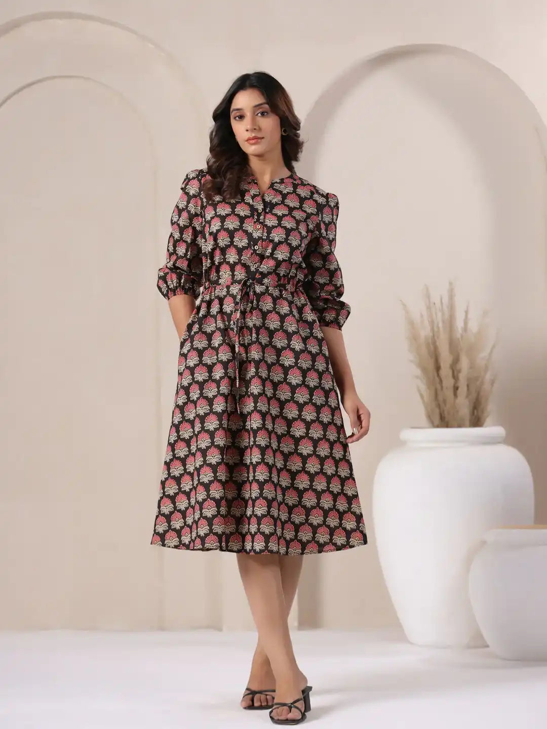 Floral print cotton kurta dress for women, elegant daily wear with puff sleeves and waist tie