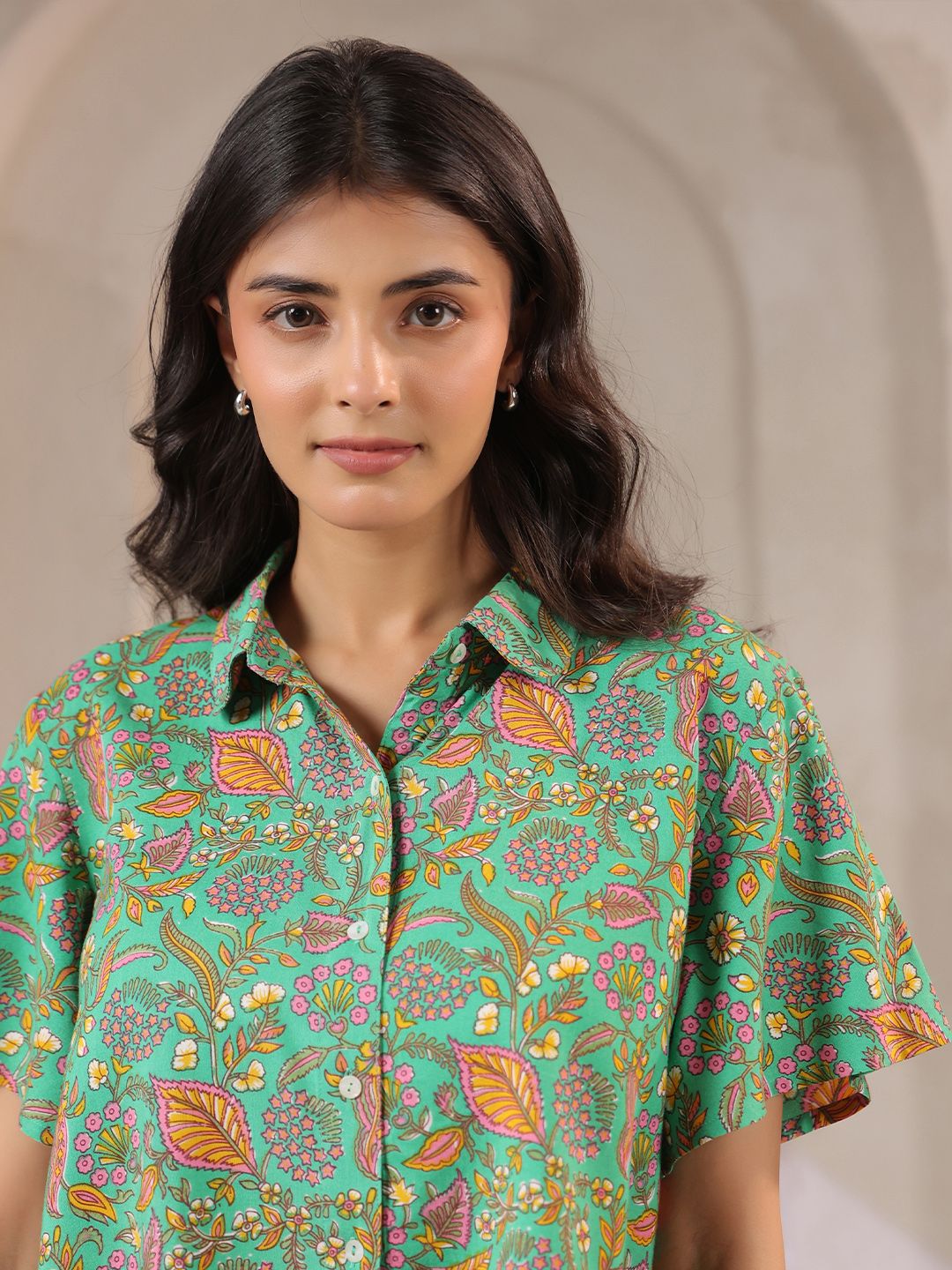 Sea Green Floral Shirt with Flared Sleeves