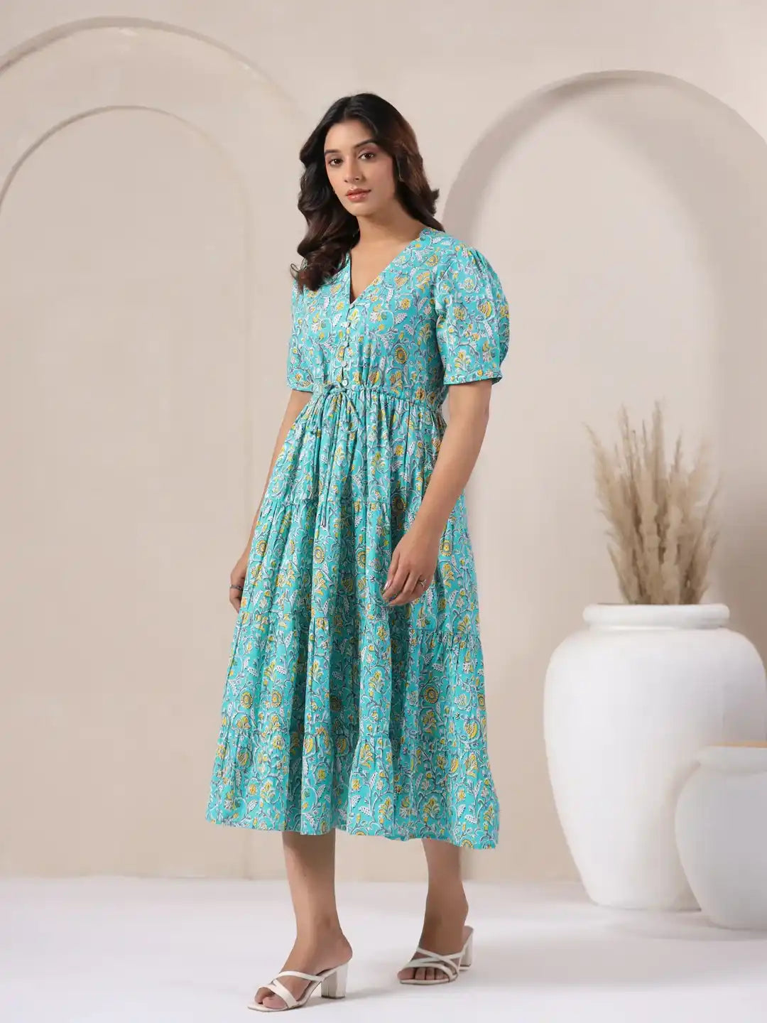 Turquoise floral print cotton dress with puff sleeves, V-neck, and tiered skirt for women