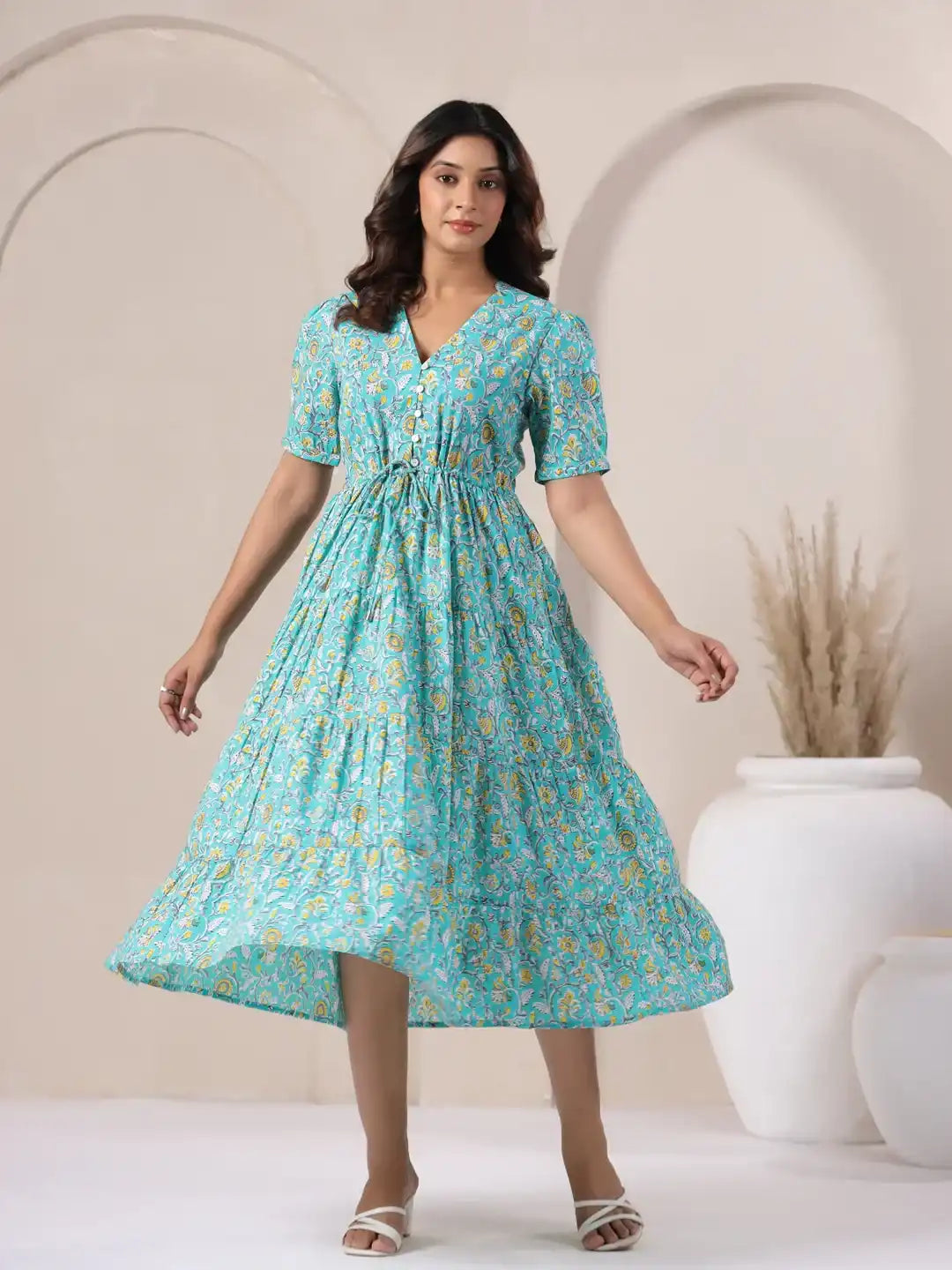 Turquoise floral print cotton dress for women, elegant daily wear with V-neck and tiered skirt