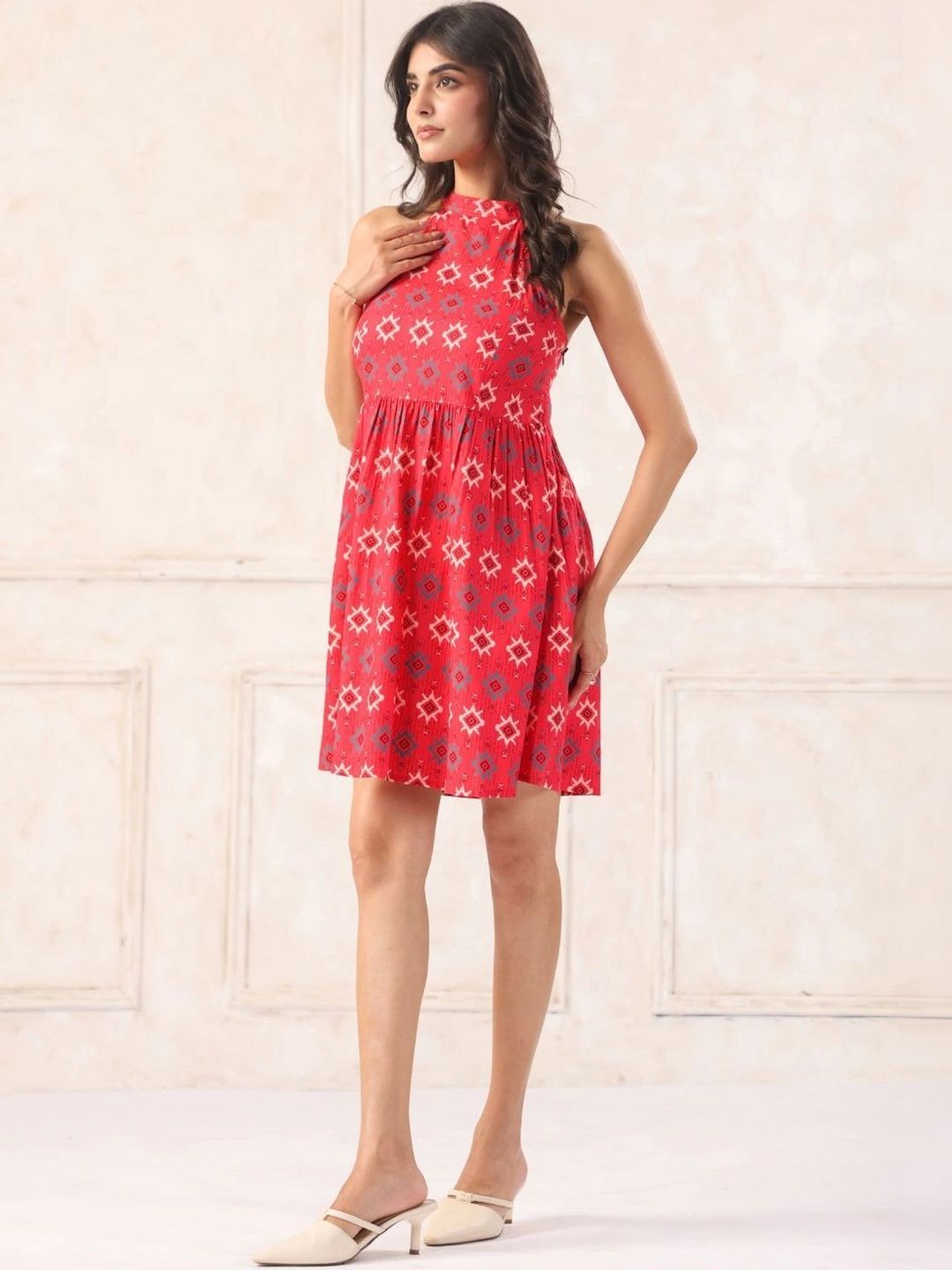 Red Ikat Print Halter Neck Mini Dress