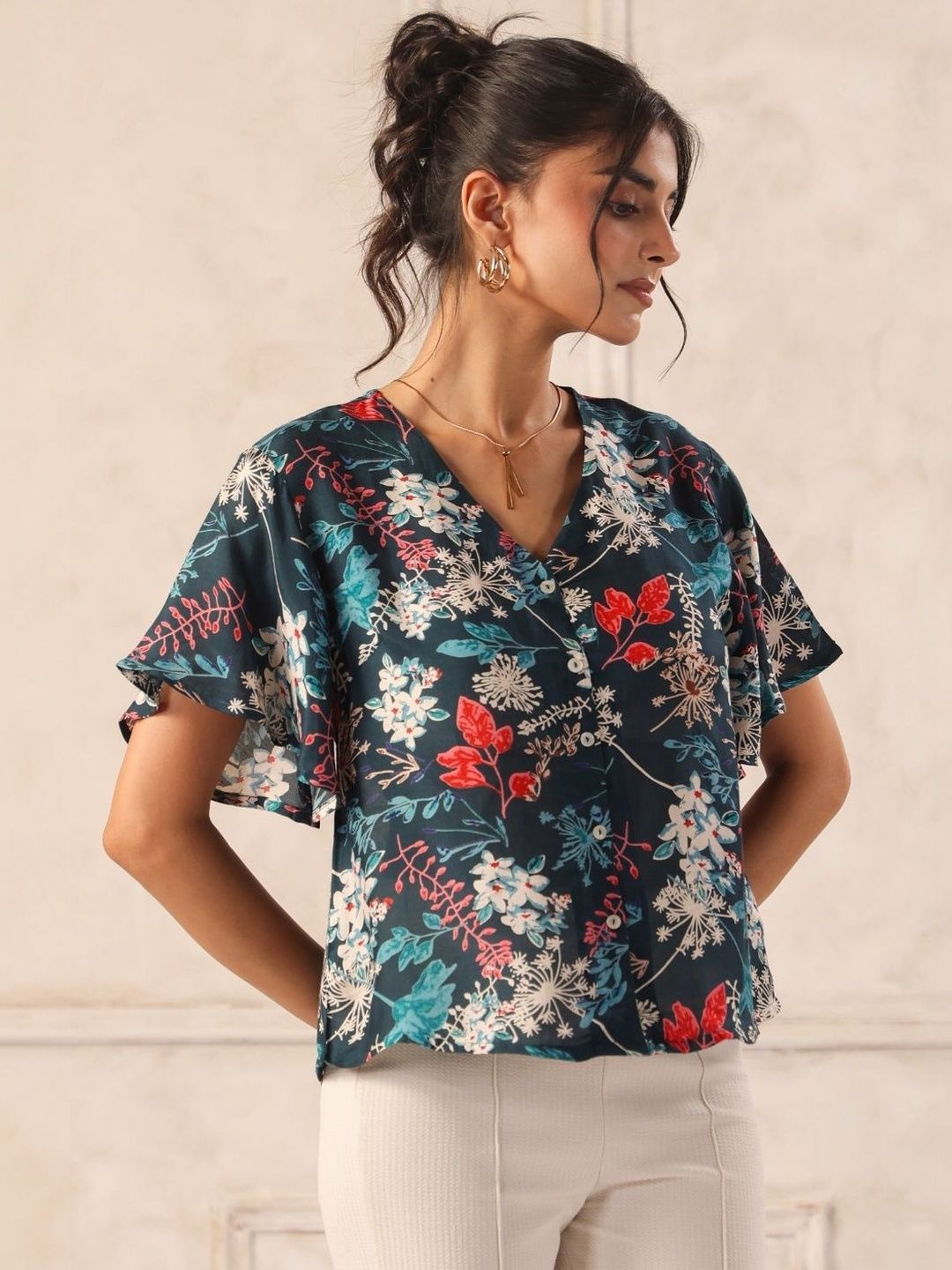Teal Floral Print Flutter Sleeve Boxy Shirt Top