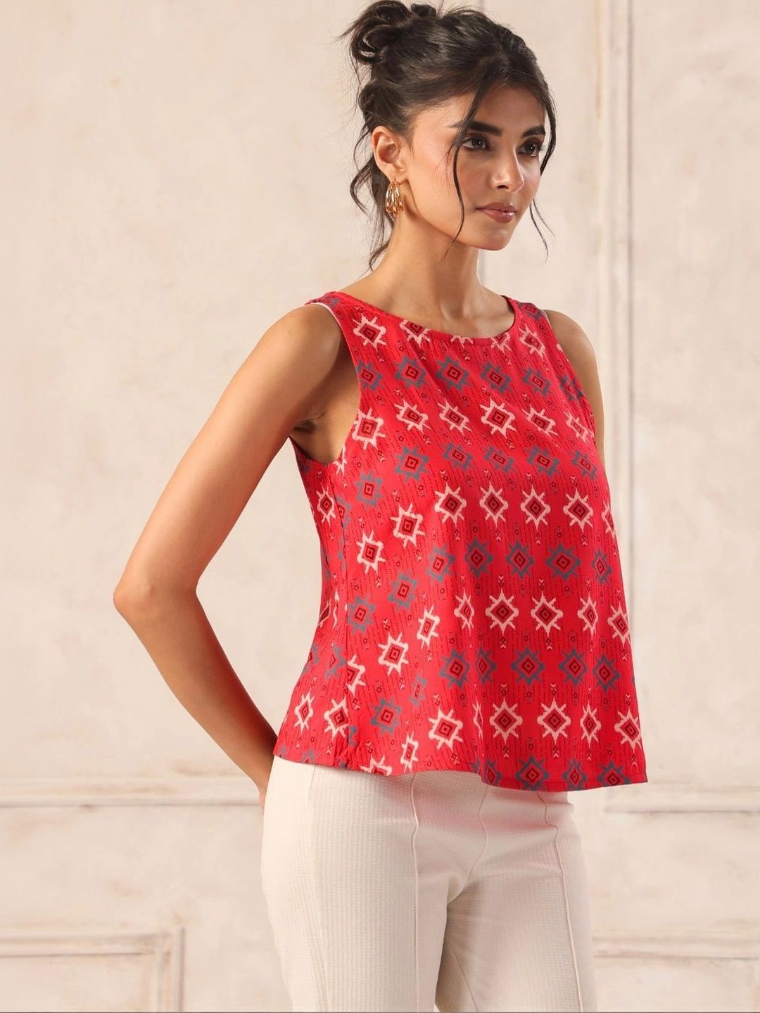 Red Ikat Print Sleeveless Top with Overlap Back