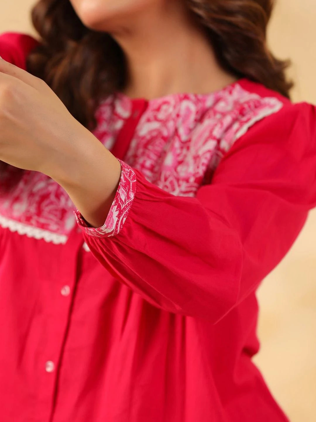 Pink Cotton Top with Embroidered Yoke for Women