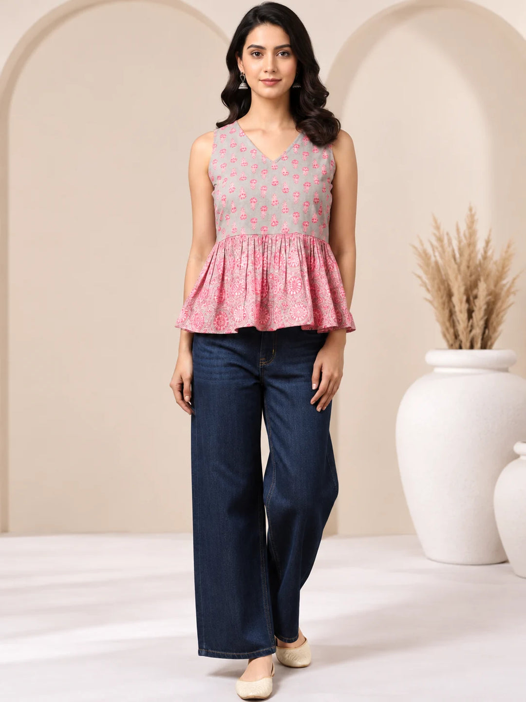 Grey & Pink Block Print Cotton Peplum Top