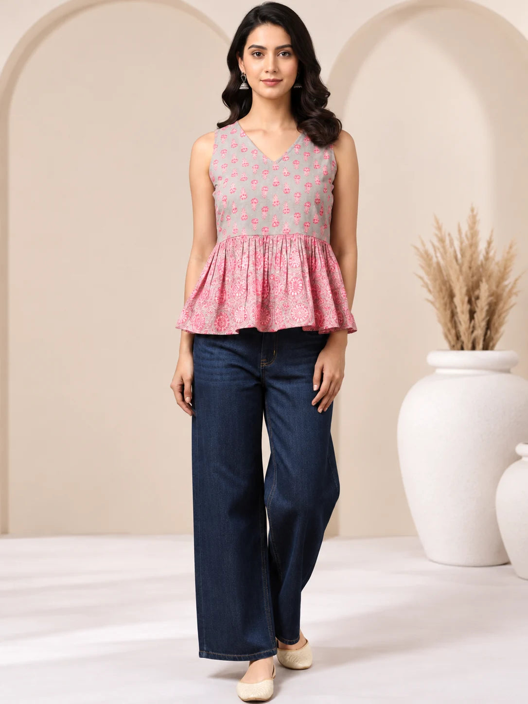 Grey & Pink Block Print Cotton Peplum Top
