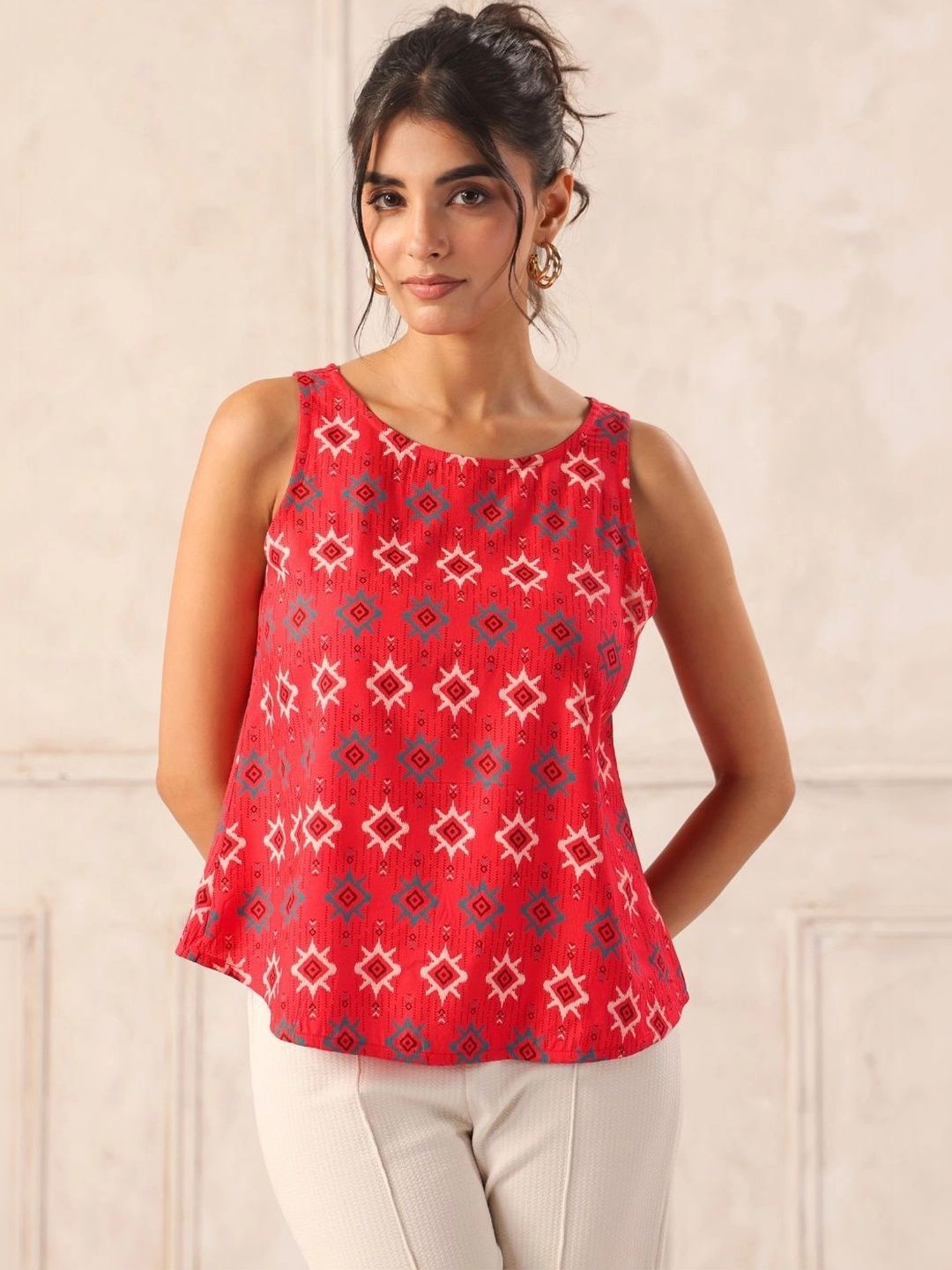 Red Ikat Print Sleeveless Top with Overlap Back