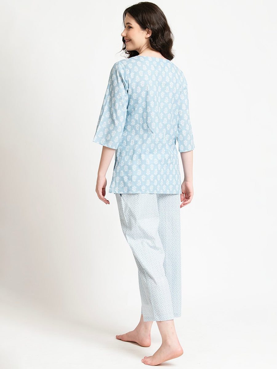 Ice Blue Cotton Night Wear Set
