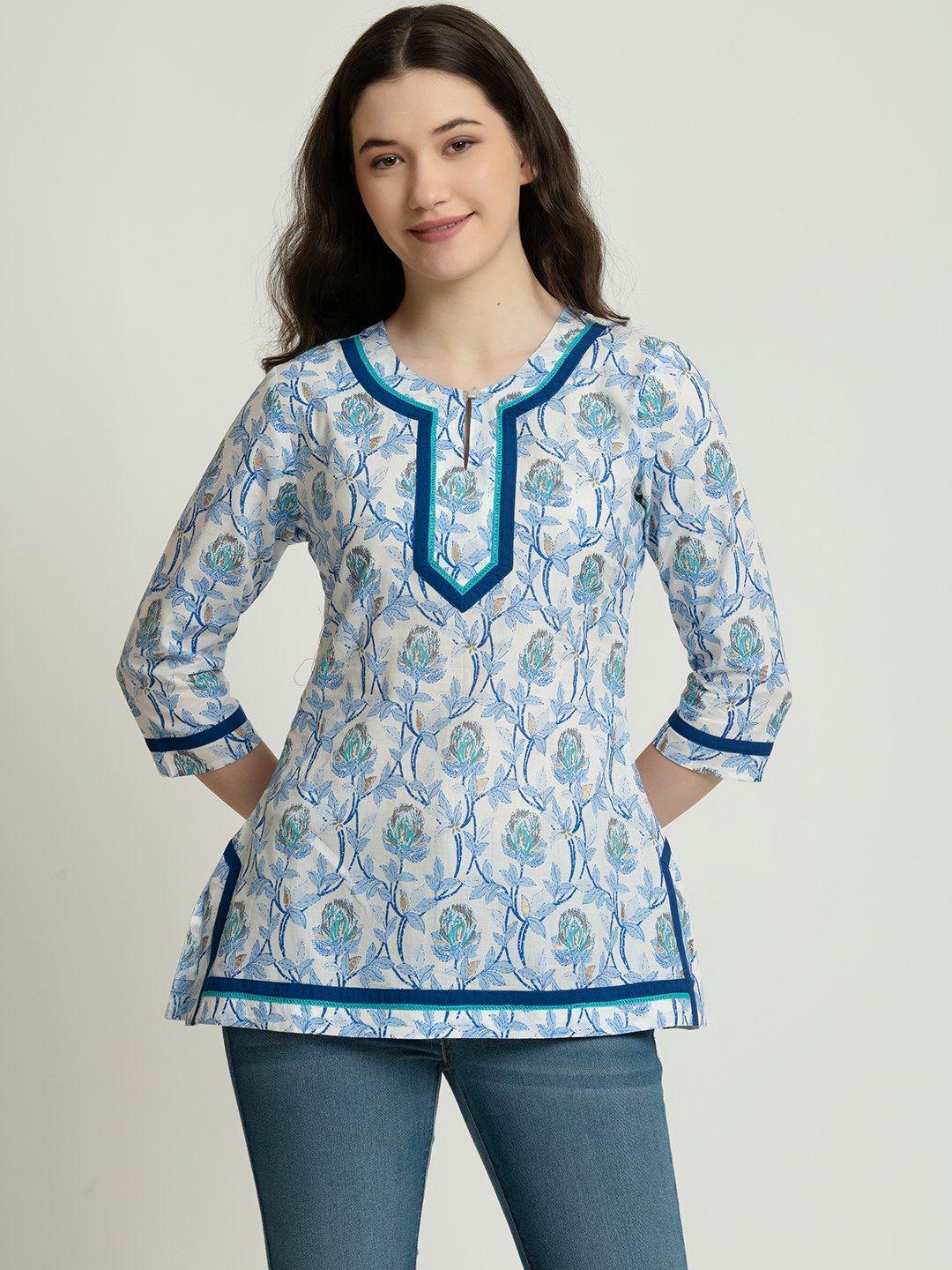 BLUE FLORAL PRINTED TUNIC