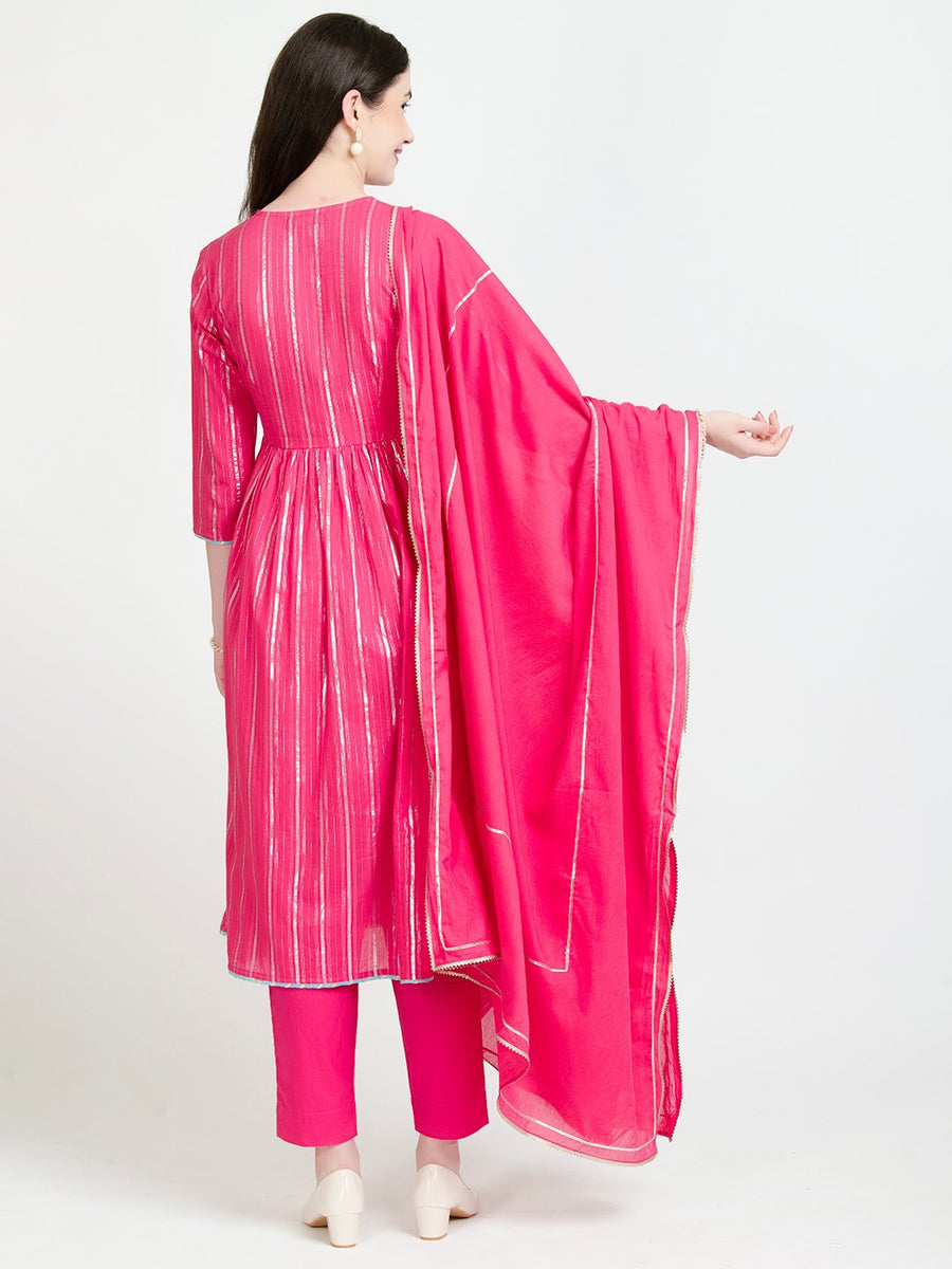 Dark Pink Cotton Lurex Suit Set With Dupatta