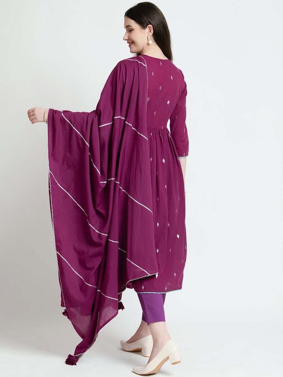 Berry Lurex Flared Suit Set with Dupatta