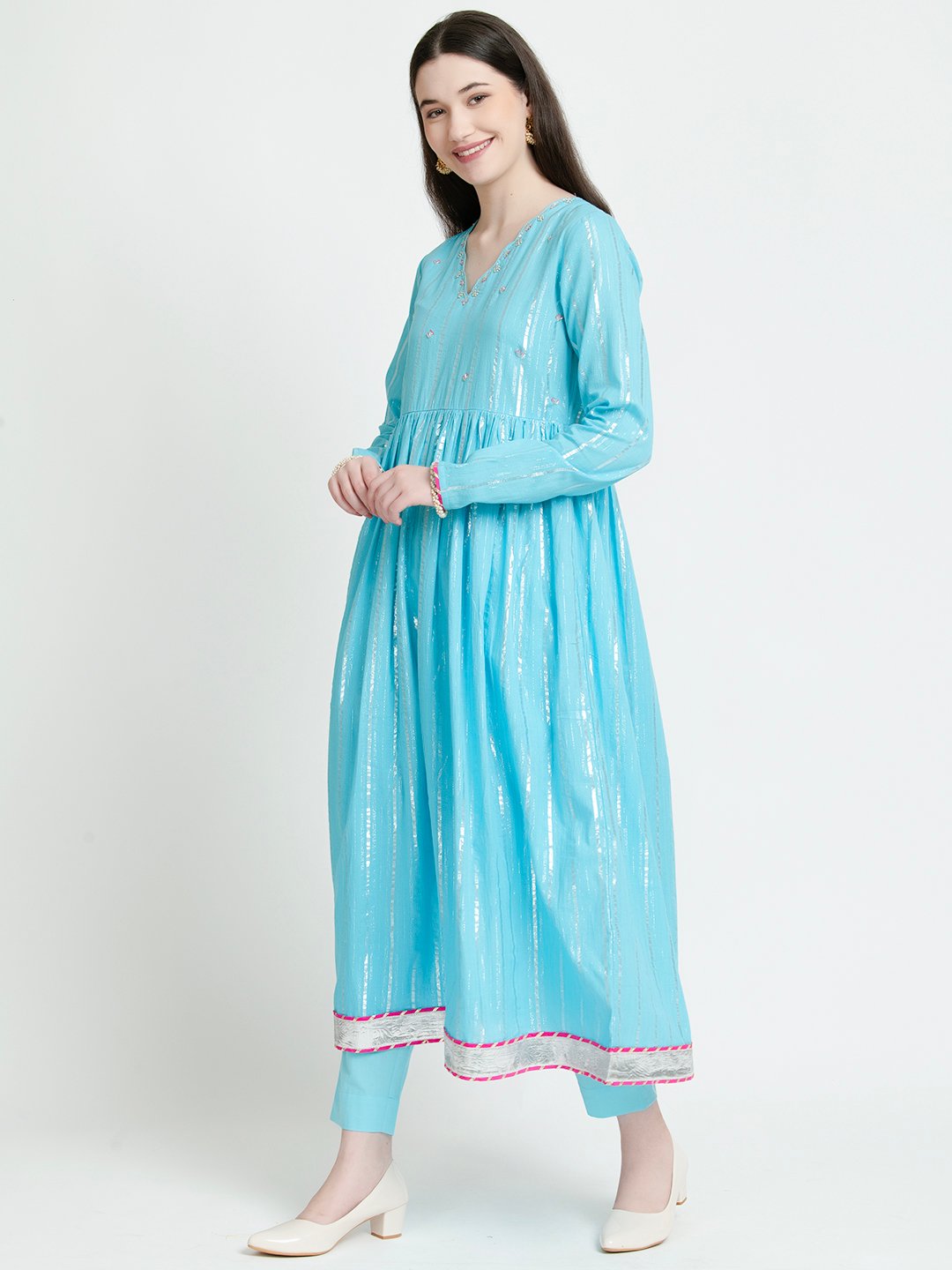SKY BLUE COTTON LUREX KURTA, PANTS WITH DUPATTA – SET OF 3