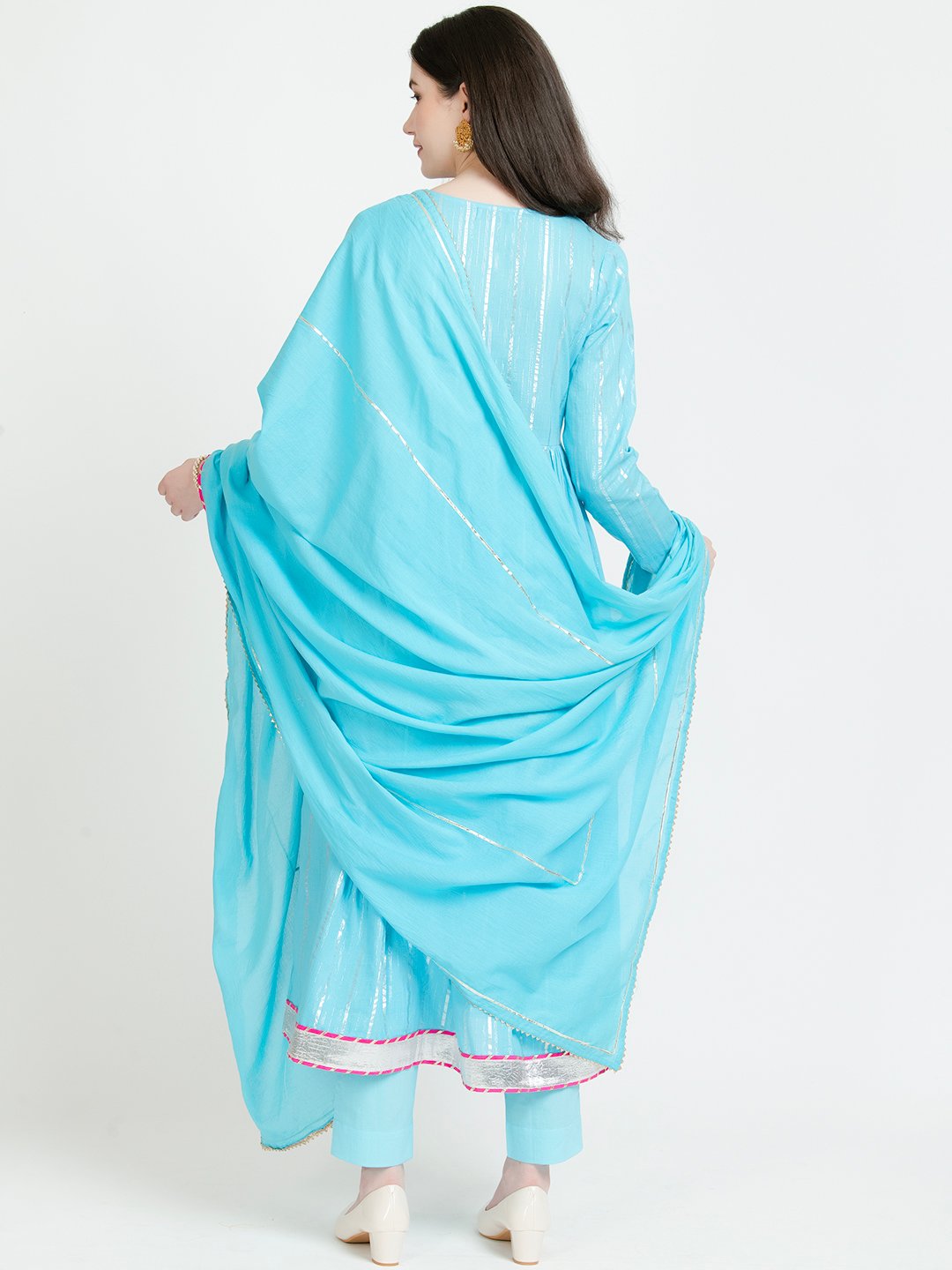 SKY BLUE COTTON LUREX KURTA, PANTS WITH DUPATTA – SET OF 3