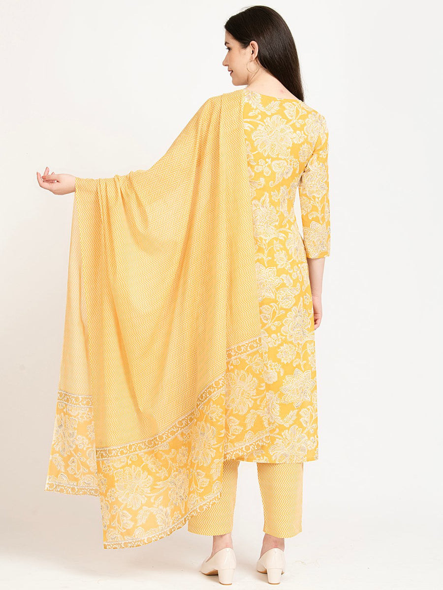 Yellow Floral Cotton Printed Suit Set With Dupatta