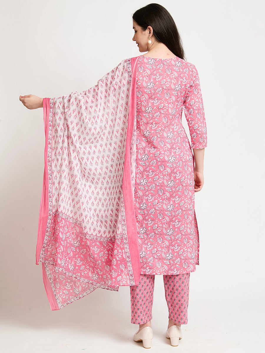 Pink Printed Cotton Suit Set With Dupatta