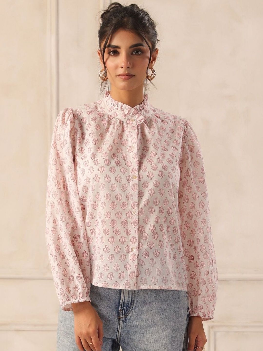 Off White & Rust Block Print Cotton Ruffle Neck Shirt